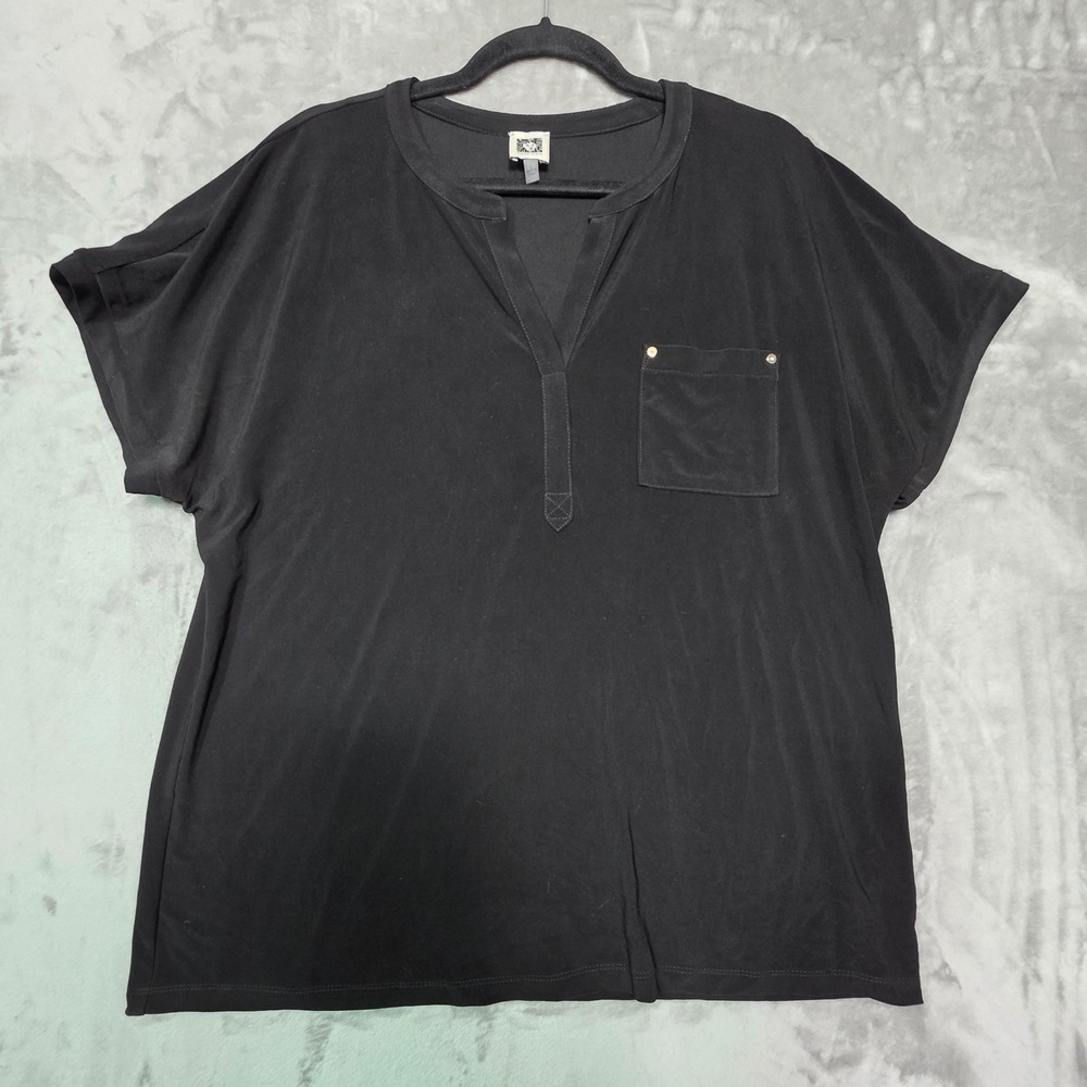 Anne Klein Black Short Sleeve Split Neck Pocket Blouse Top Large
